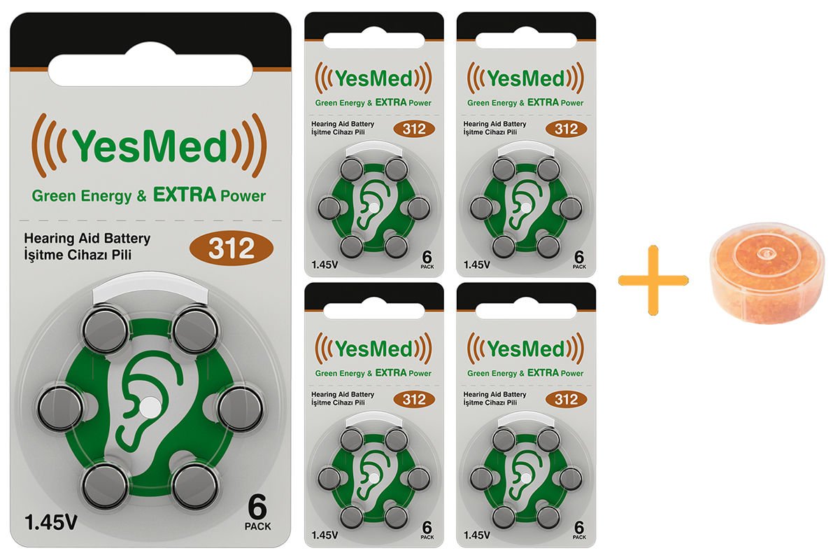 YesMed Extra Power 312 Numara İşitme Cihazı Pili (5 Paket x 6 Adet = 30 Adet Pil) + HEDİYE İşitme Cihazı Nem Alıcı Tablet, YesMed