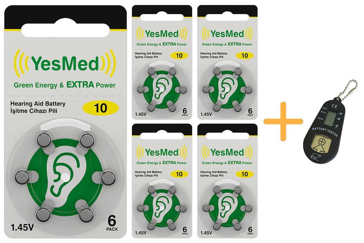 YesMed Extra Power 10 Numara İşitme Cihazı Pili (5 Paket x 6 Adet = 30 Adet Pil) + HEDİYE İşitme Cihazı Pil Ölçer