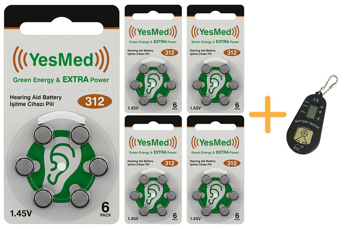 YesMed Extra Power 312 Numara İşitme Cihazı Pili (5 Paket x 6 Adet = 30 Adet Pil) + HEDİYE İşitme Cihazı Pil Ölçer