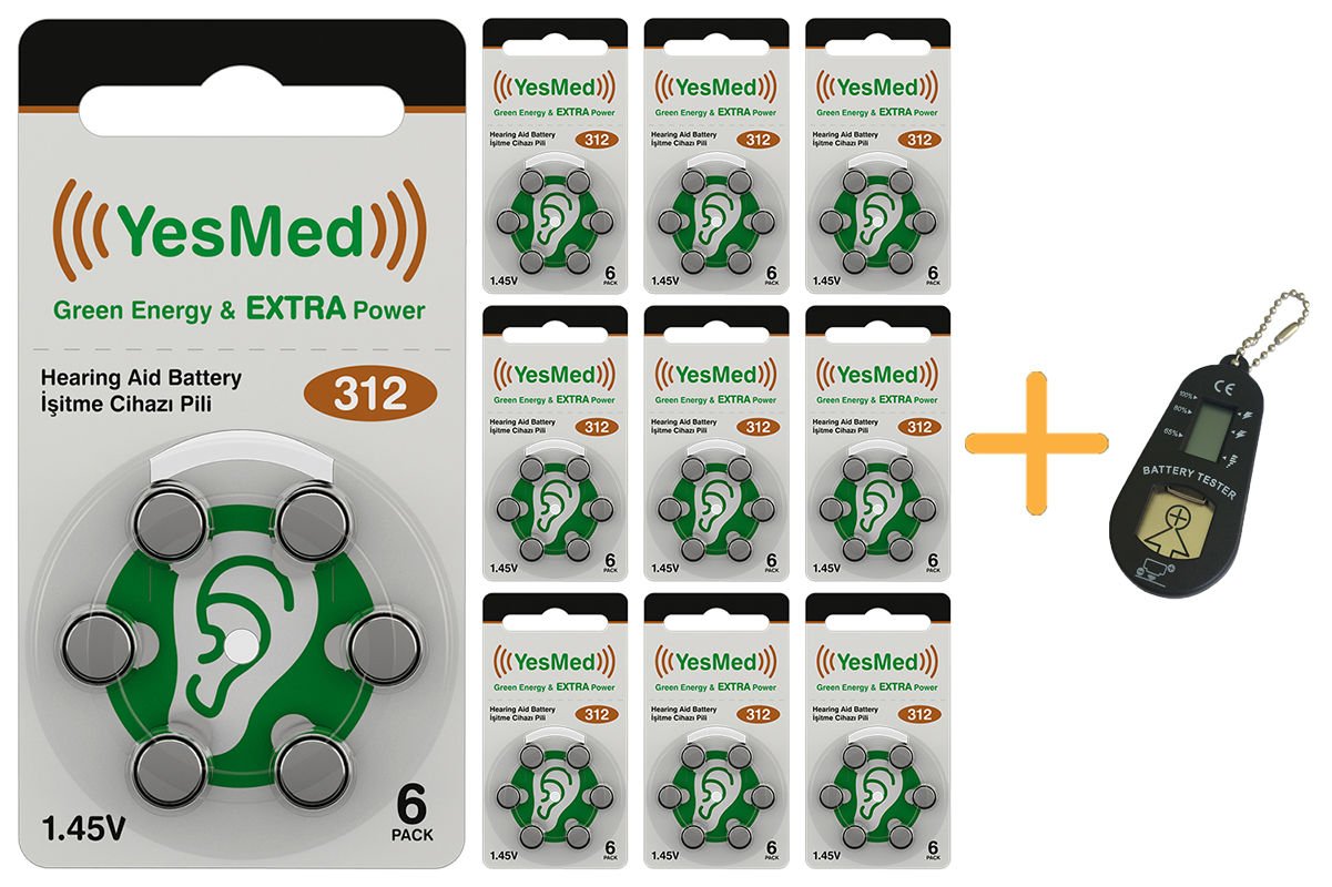 YesMed Extra Power 312 Numara İşitme Cihazı Pili (10 Paket x 6 Adet = 60 Adet Pil) + HEDİYE İşitme Cihazı Pil Ölçer