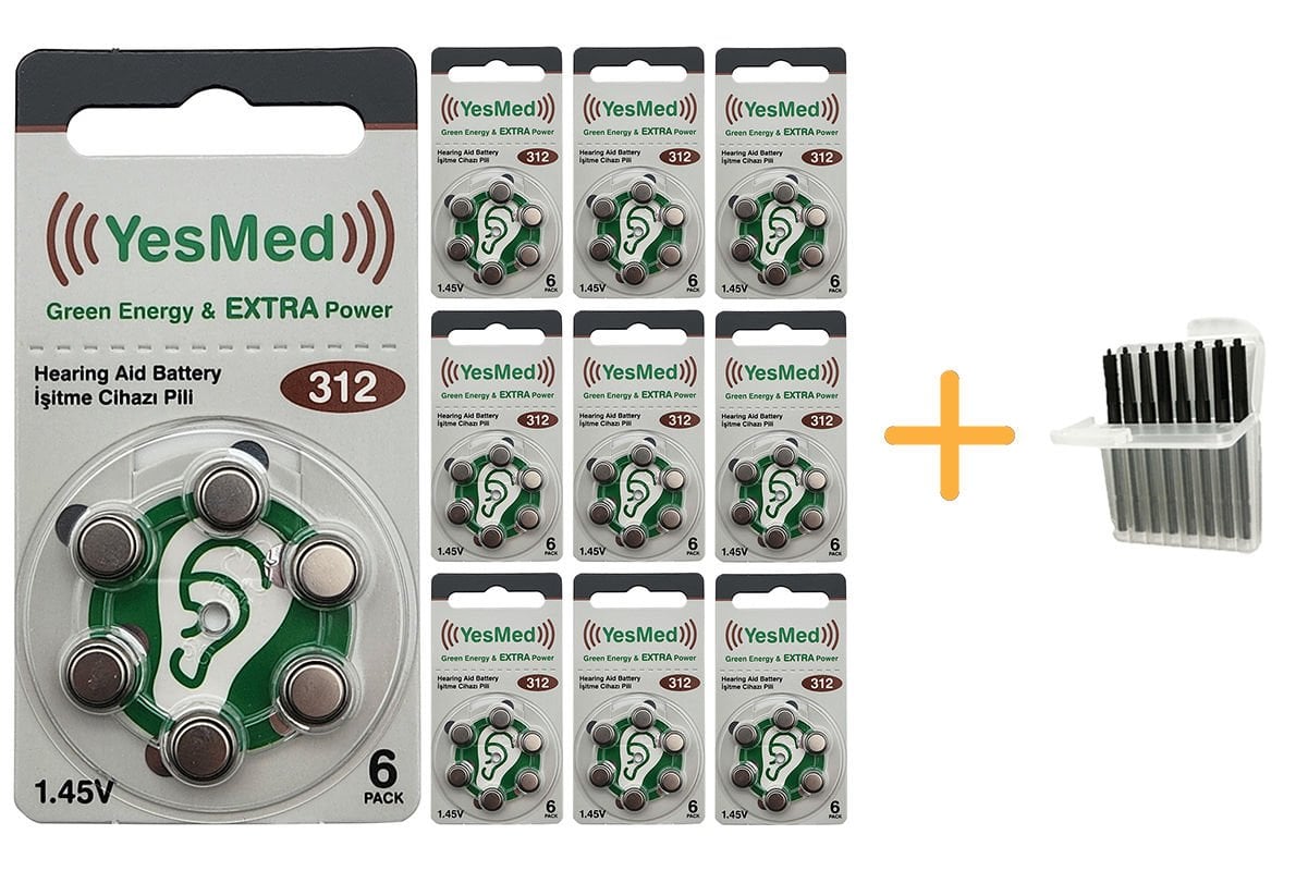 YesMed Extra Power 312 Numara İşitme Cihazı Pili (10 Paket x 6 Adet = 60 Adet Pil + HEDİYE İşitme Cihazı Uyumlu Çubuk Filtre, YesMed