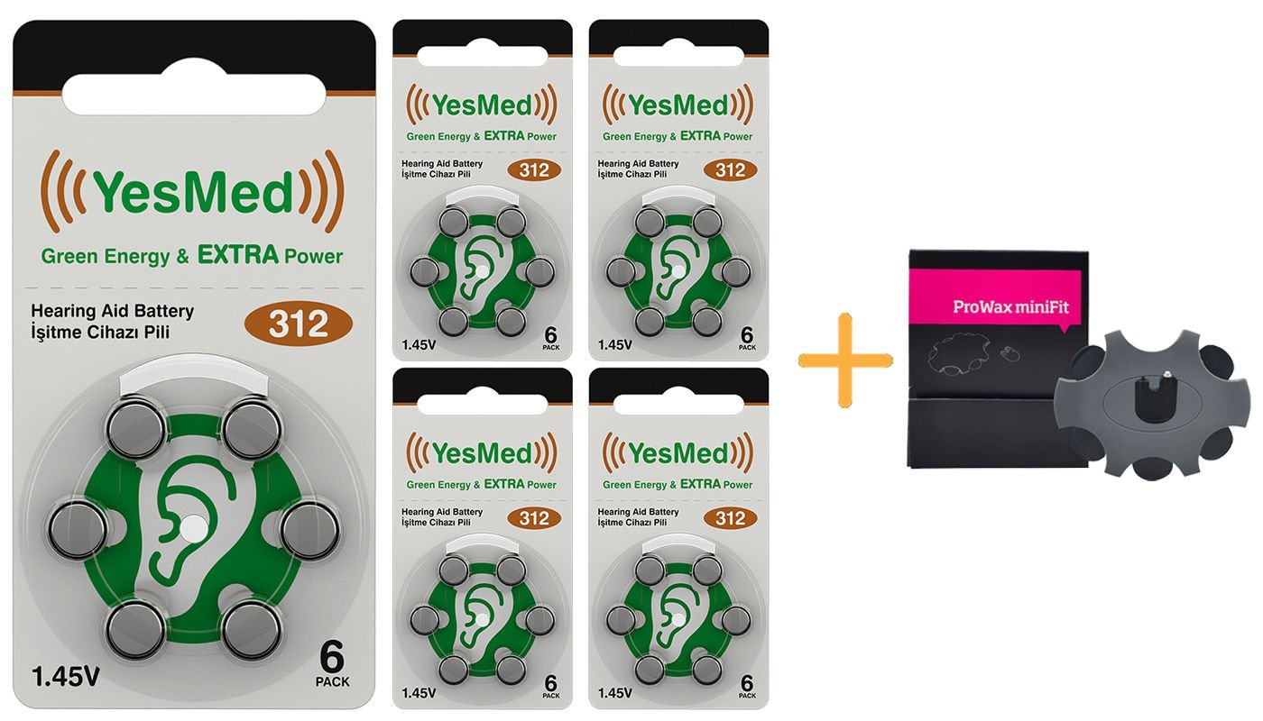 YesMed Extra Power 312 Numara İşitme Cihazı Pili, Kulaklık Pili, Duyma Pili, Kulak Pili, Kulak Cihazı Pili (5 Paket x 6 Adet = 30 Adet Pil) + HEDİYE İşitme Cihazı ProWax miniFit Filtre