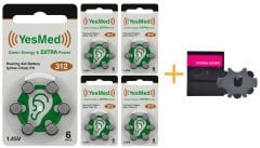 YesMed Extra Power 312 Numara İşitme Cihazı Pili, Kulaklık Pili, Duyma Pili, Kulak Pili, Kulak Cihazı Pili (5 Paket x 6 Adet = 30 Adet Pil) + HEDİYE İşitme Cihazı ProWax miniFit Filtre