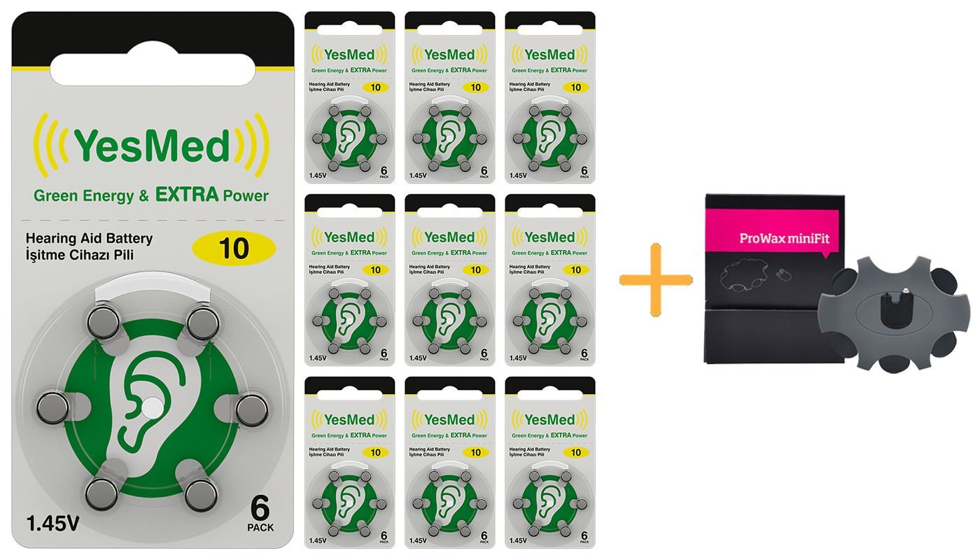 YesMed Extra Power 10 Numara İşitme Cihazı Pili, Kulaklık Pili, Duyma Pili, Kulak Pili, Kulak Cihazı Pili (10 Paket x 6 Adet = 60 Adet Pil) + HEDİYE İşitme Cihazı ProWax miniFit Filtre