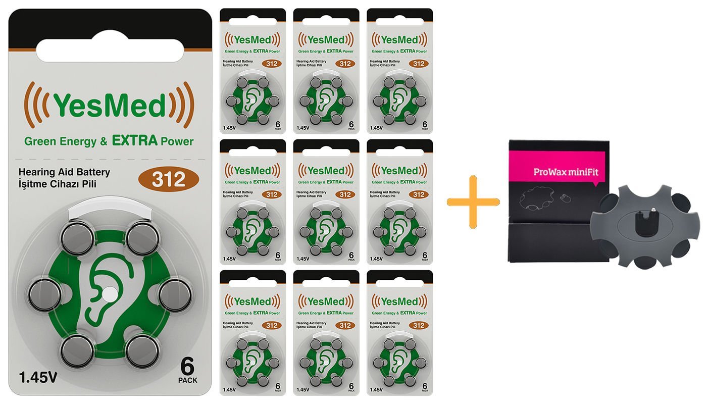 YesMed Extra Power 312 Numara İşitme Cihazı Pili, Kulaklık Pili, Duyma Pili, Kulak Pili, Kulak Cihazı Pili (10 Paket x 6 Adet = 60 Adet Pil) + HEDİYE İşitme Cihazı ProWax miniFit Filtre