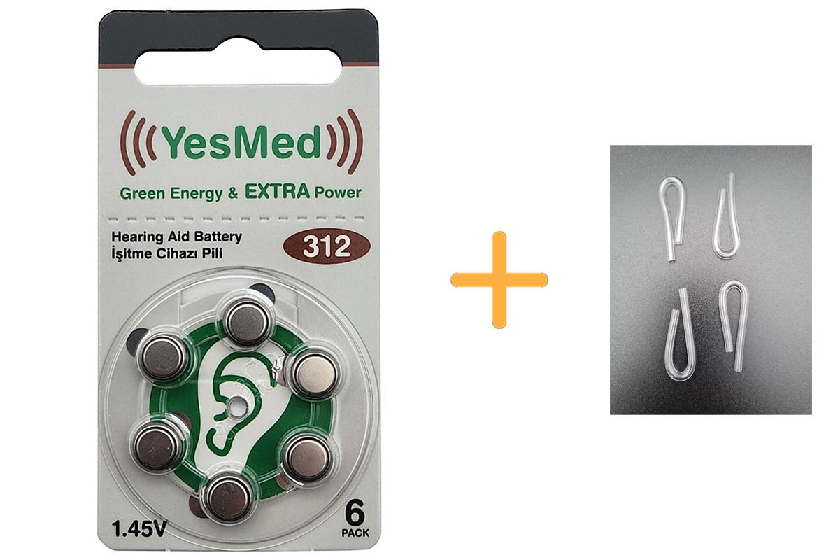 YesMed Extra Power 312 Numara İşitme Cihazı Pili (1 Paket = 6 Adet Pil) + HEDİYE 4 Adet Orta-Standart boy İşitme Cihazı Hortumu, YesMed