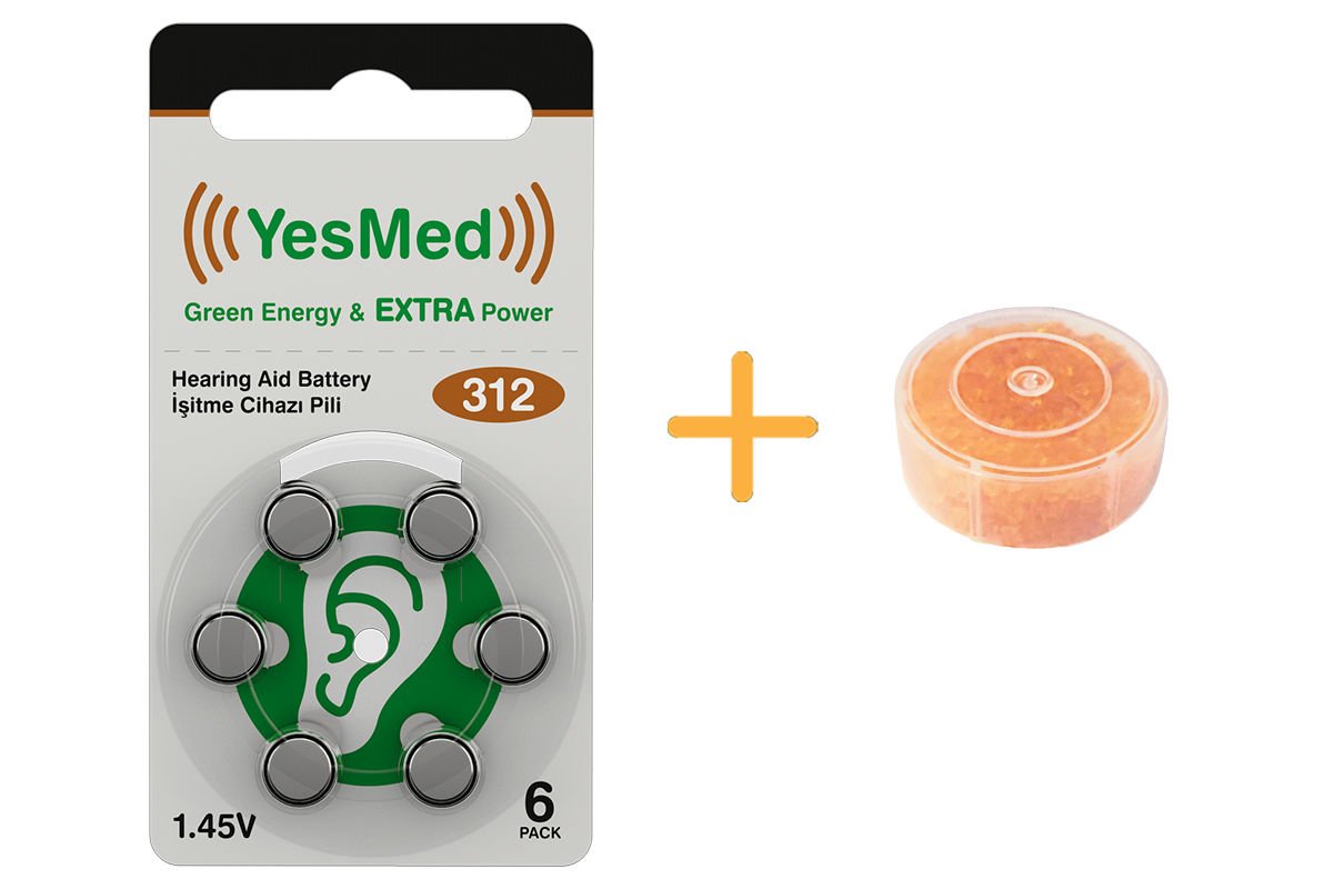 YesMed Extra Power 312 Numara İşitme Cihazı Pili (1 Paket = 6 Adet Pil) + HEDİYE Nem Alıcı Tablet 1 Adet, YesMed