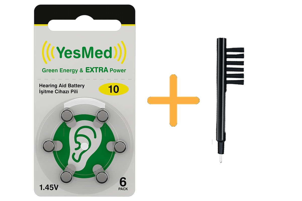 YesMed Extra Power 10 Numara İşitme Cihazı Pili (1 Paket = 6 Adet Pil) + HEDİYE Mıknatıslı İşitme Cihazı Temizleme Fırçası