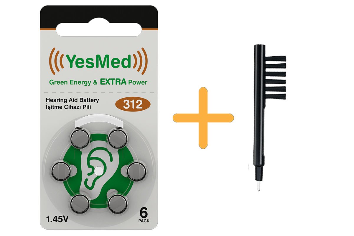 YesMed Extra Power 312 Numara İşitme Cihazı Pili (1 Paket = 6 Adet Pil) + HEDİYE Mıknatıslı İşitme Cihazı Temizleme Fırçası
