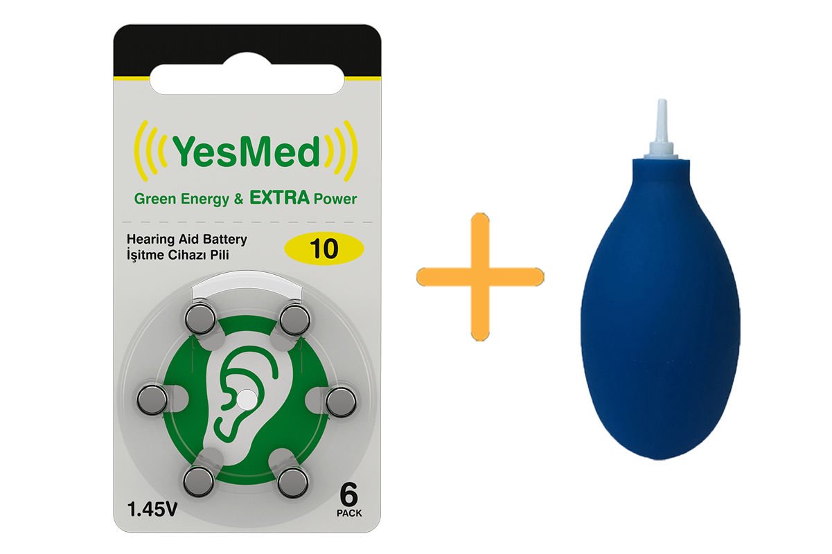 YesMed Extra Power 10 Numara İşitme Cihazı Pili (1 Paket  = 6 Adet Pil) + HEDİYE İşitme Cihazı El Pompası-Puar