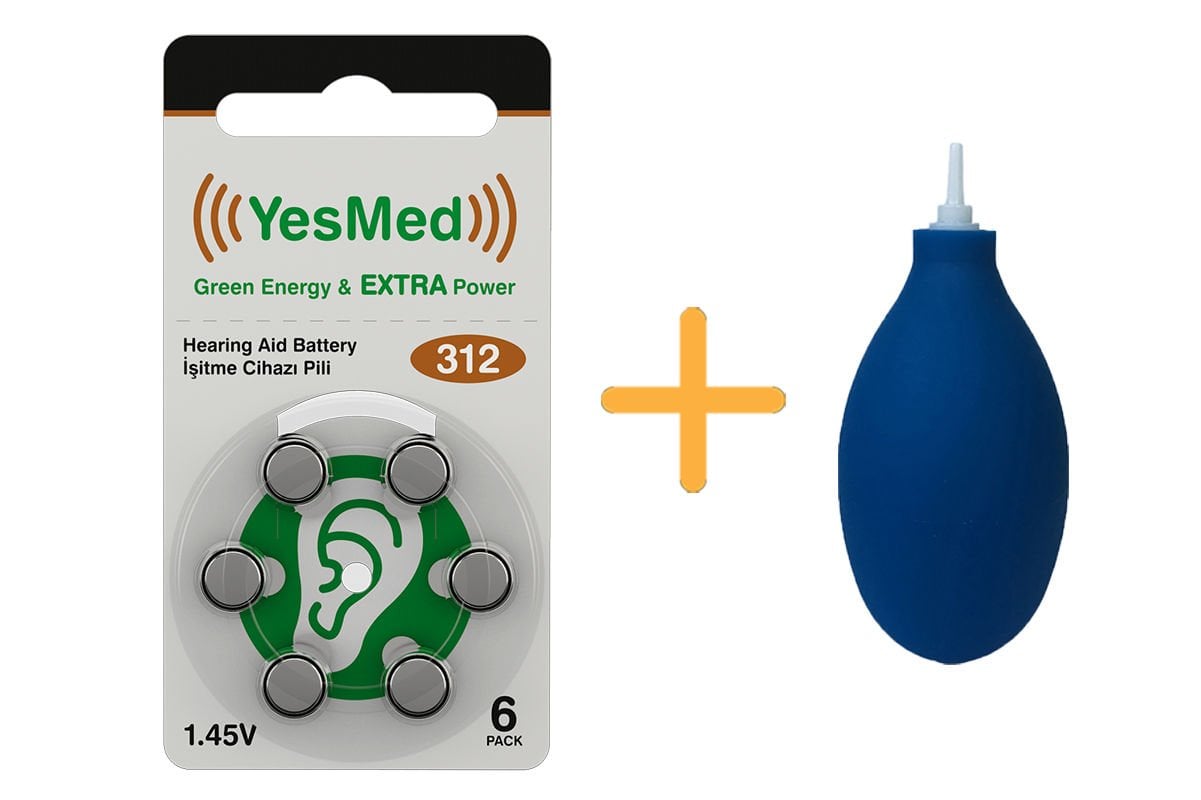 YesMed Extra Power 312 Numara İşitme Cihazı Pili (1 Paket  = 6 Adet Pil) + HEDİYE İşitme Cihazı El Pompası-Puar
