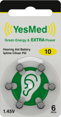 YesMed Extra Power 10 Numara İşitme Cihazı Pili (1 Paket = 6 Adet Pil) + HEDİYE YesMed miniFit ProWax Filtre