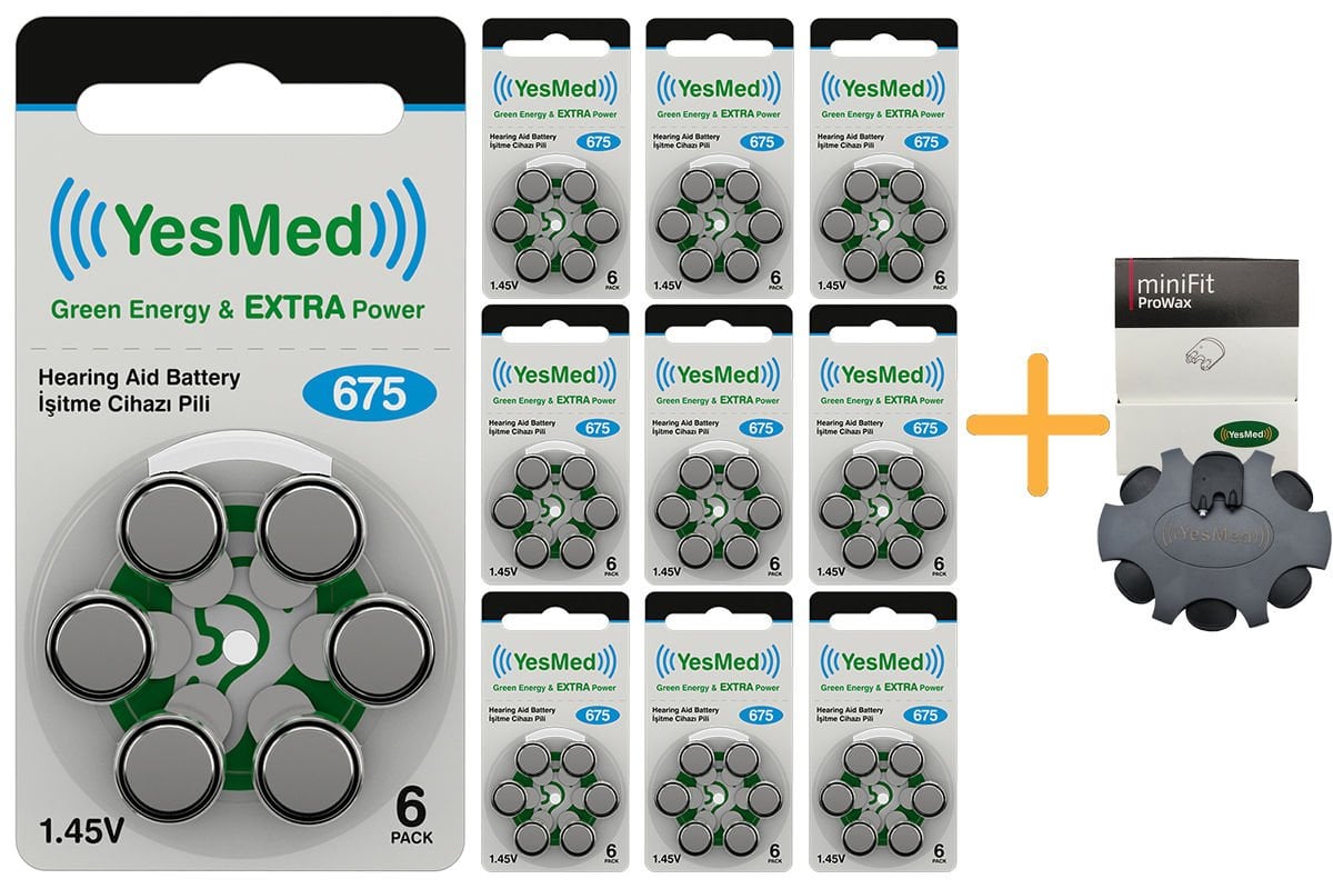 YesMed Extra Power 675 Numara İşitme Cihazı Pili (10 Paket x 6 Adet = 60 Adet Pil ) + HEDİYE YesMed miniFit ProWax Filtre