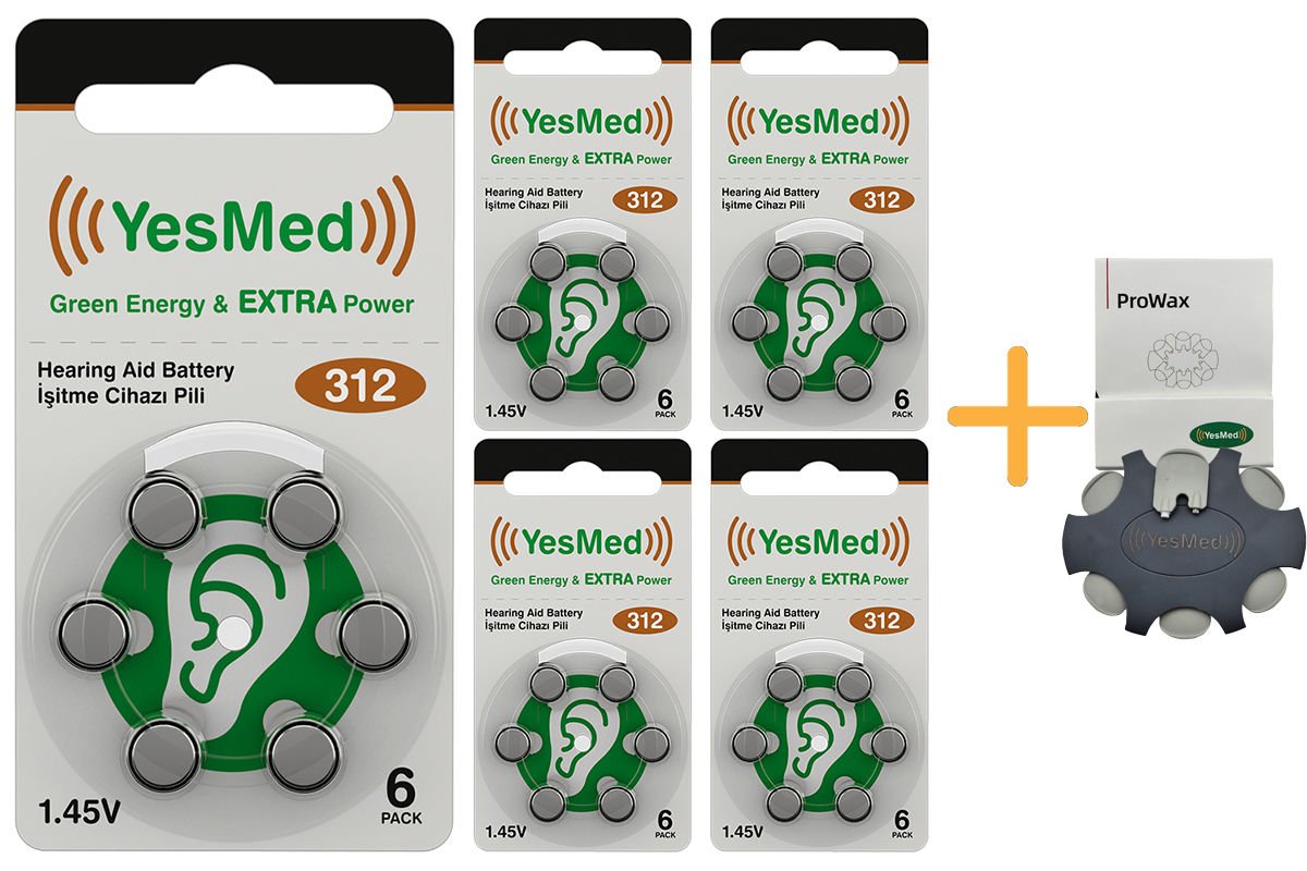 YesMed Extra Power 312 Numara İşitme Cihazı Pili (5 Paket x 6 Adet = 30 Adet Pil) + HEDİYE YesMed ProWax Filtre
