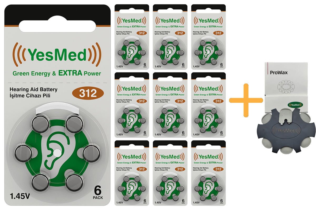 YesMed Extra Power 312 Numara İşitme Cihazı Pili (10 Paket x 6 Adet = 60 Adet Pil) + HEDİYE YesMed ProWax Filtre