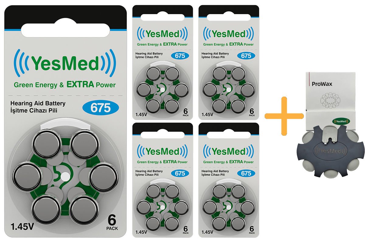 YesMed Extra Power 675 Numara İşitme Cihazı Pili (5 Paket x 6 Adet = 30 Adet Pil) + HEDİYE YesMed ProWax Filtre