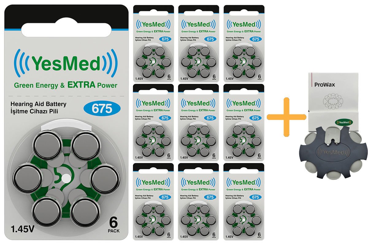YesMed Extra Power 675 Numara İşitme Cihazı Pili (10 Paket x 6 Adet = 60 Adet Pil) + HEDİYE YesMed ProWax Filtre