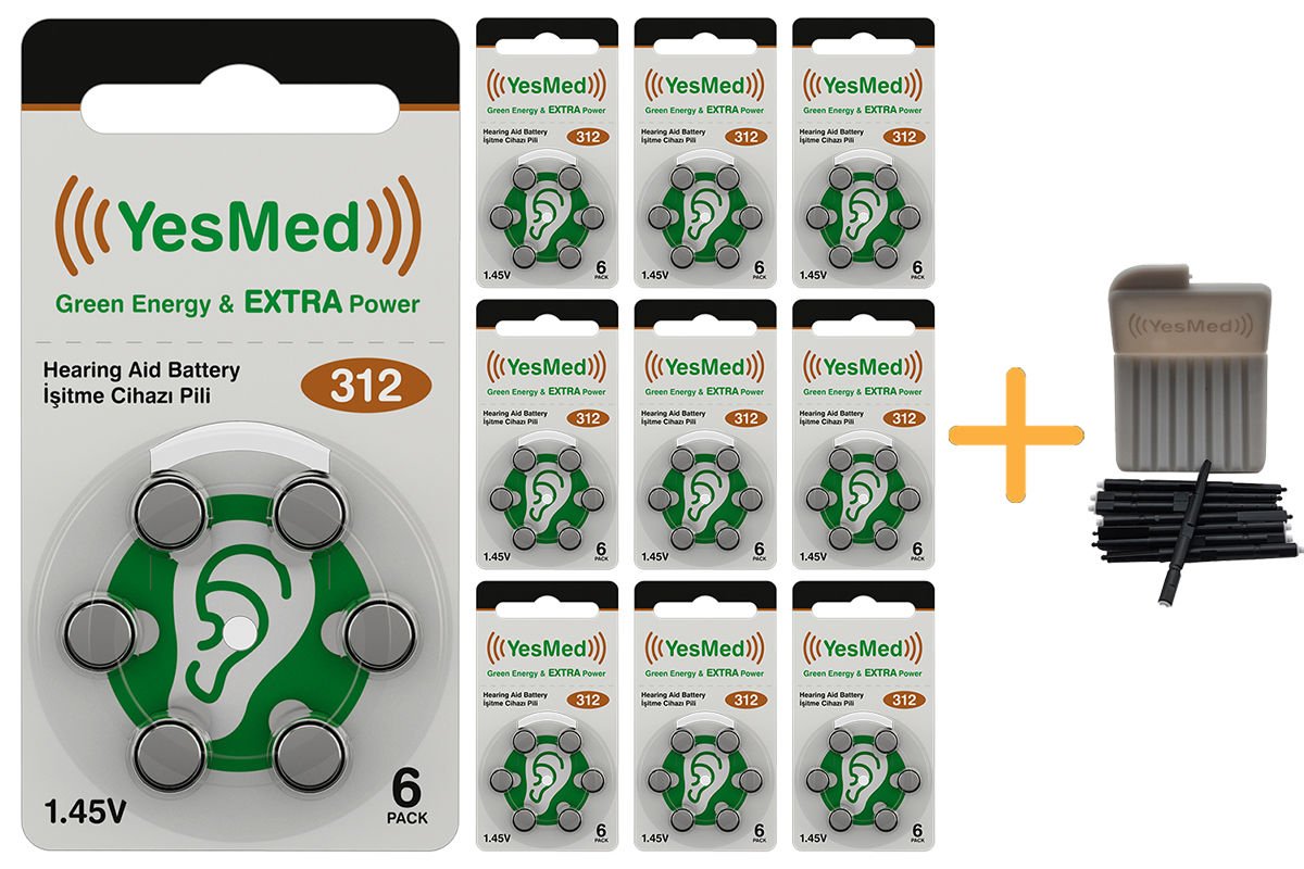 YesMed Extra Power 312 Numara İşitme Cihazı Pili (10 Paket x 6 Adet = 60 Adet Pil) + HEDİYE YesMed WaxStop Filtre
