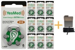 YesMed Extra Power 312 Numara İşitme Cihazı Pili (10 Paket x 6 Adet = 60 Adet Pil) + HEDİYE YesMed WaxStop Filtre