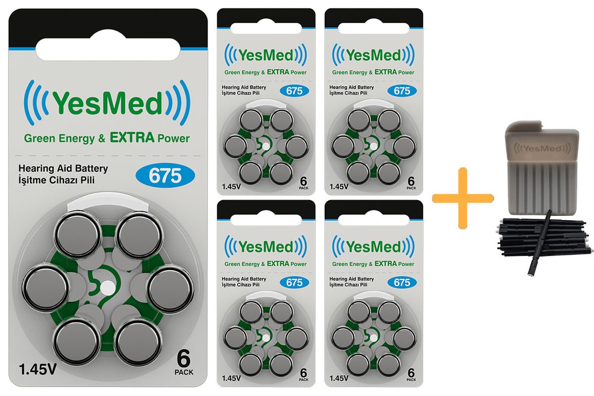 YesMed Extra Power 675 Numara İşitme Cihazı Pili (5 Paket x 6 Adet = 30 Adet Pil) + HEDİYE YesMed WaxStop Filtre