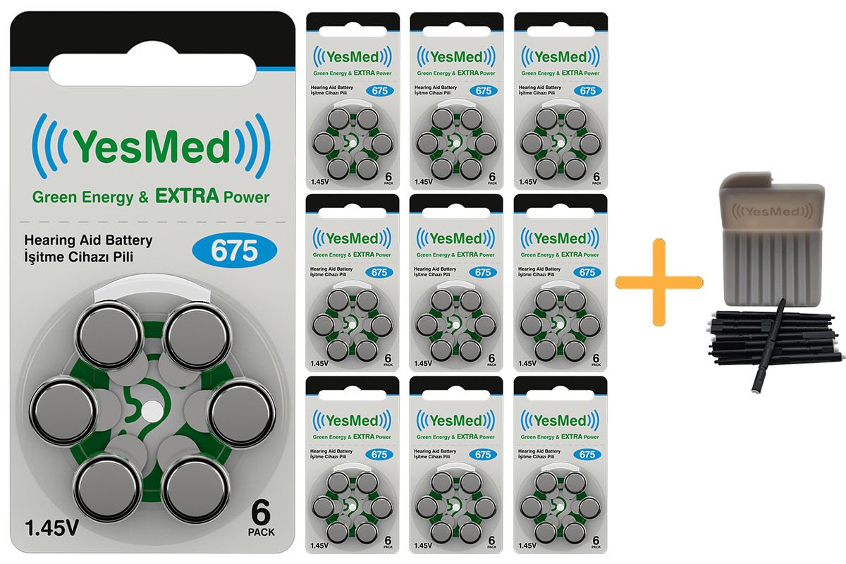 YesMed Extra Power 675 Numara İşitme Cihazı Pili (10 Paket x 6 Adet = 60 Adet Pil) + HEDİYE YesMed WaxStop Filtre