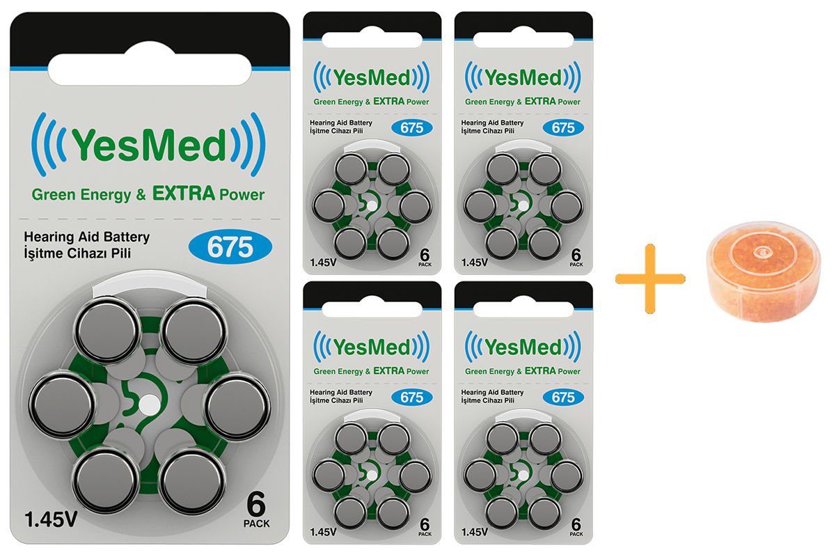 YesMed Extra Power 675 Numara İşitme Cihazı Pili (5 Paket x 6 Adet = 30 Adet Pil) + HEDİYE İşitme Cihazı Nem Alıcı Tablet