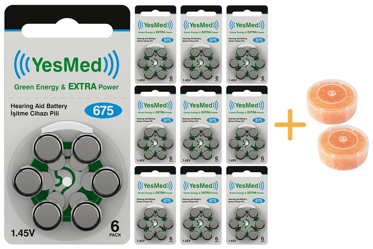 YesMed Extra Power 675 Numara İşitme Cihazı Pili (10 Paket x 6 Adet = 60 Adet Pil) + HEDİYE İşitme Cihazı Nem Alıcı Tablet