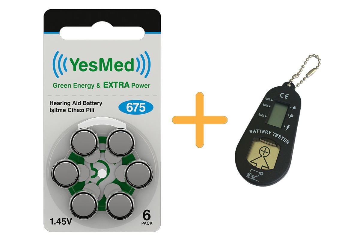 YesMed Extra Power 675 Numara İşitme Cihazı Pili (1 Paket = 6 Adet Pil) + HEDİYE İşitme Cihazı Pil Ölçer 1 Adet