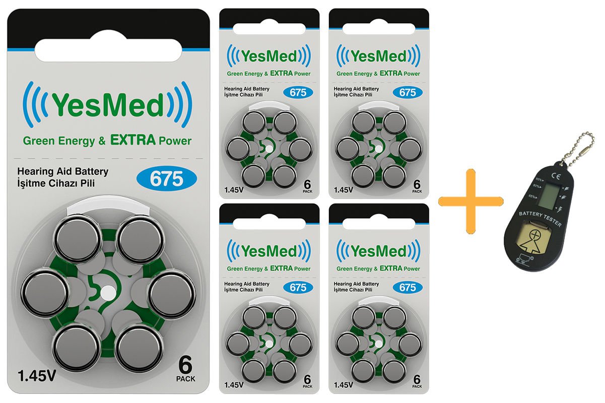 YesMed Extra Power 675 Numara İşitme Cihazı Pili (5 Paket x 6 Adet = 30 Adet Pil) + HEDİYE İşitme Cihazı Pil Ölçer 1 Adet