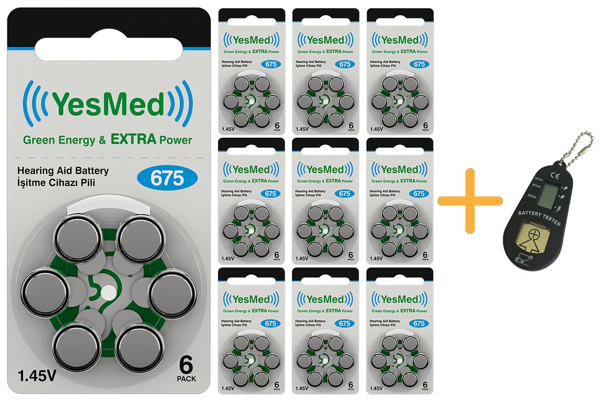 YesMed Extra Power 675 Numara İşitme Cihazı Pili (10 Paket x 6 Adet = 60 Adet Pil) + HEDİYE İşitme Cihazı Pil Ölçer 1 Adet