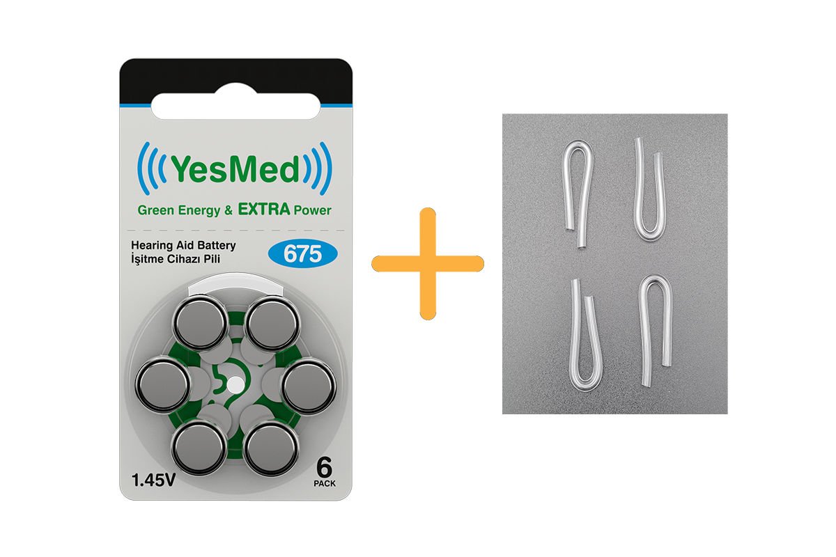 YesMed Extra Power 675 Numara İşitme Cihazı Pili (1 Paket = 6 Adet Pil) + HEDİYE İşitme Cihazı Hortumu (4 Adet, Orta-Standart olan Kıvrılmış Hortum), YesMed