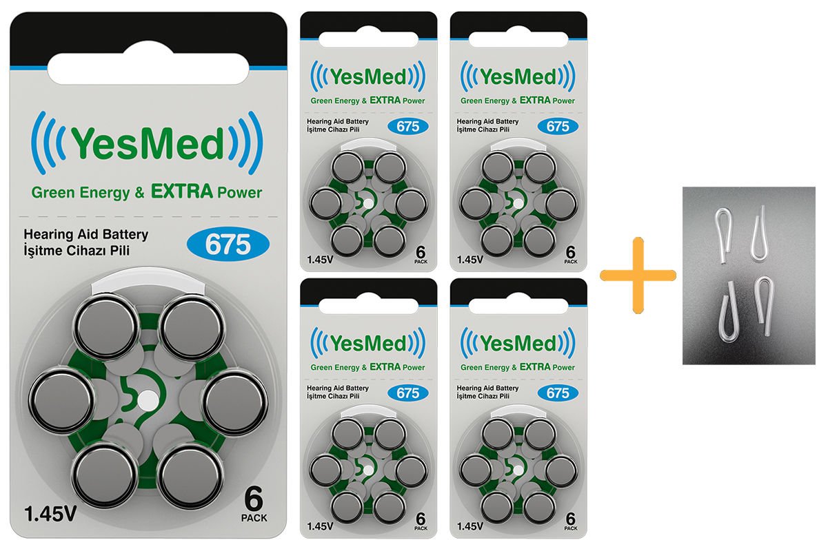 YesMed Extra Power 675 Numara İşitme Cihazı Pili (5 Paket x 6 Adet = 30 Adet Pil) + HEDİYE İşitme Cihazı Hortumu (4 Adet, Orta-Standart olan Kıvrılmış Hortum), YesMed