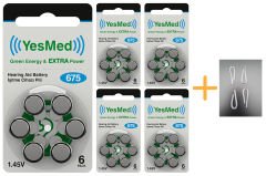 YesMed Extra Power 675 Numara İşitme Cihazı Pili (5 Paket x 6 Adet = 30 Adet Pil) + HEDİYE İşitme Cihazı Hortumu (4 Adet, Orta-Standart olan Kıvrılmış Hortum), YesMed