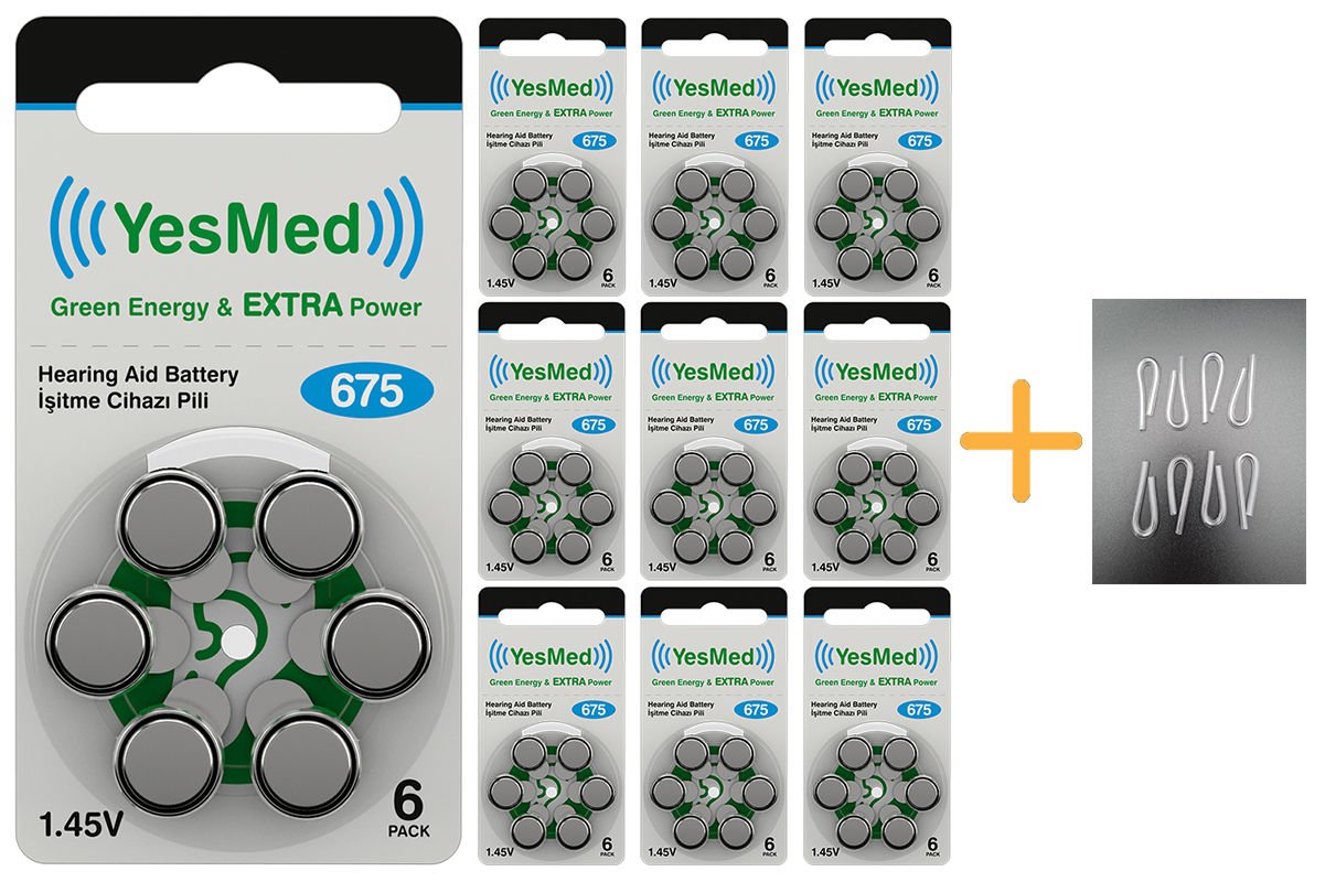 YesMed Extra Power 675 Numara İşitme Cihazı Pili (10 Paket x 6 Adet = 60 Adet Pil) + HEDİYE İşitme Cihazı Hortumu (8 Adet, Orta-Standart olan Kıvrılmış Hortum), YesMed