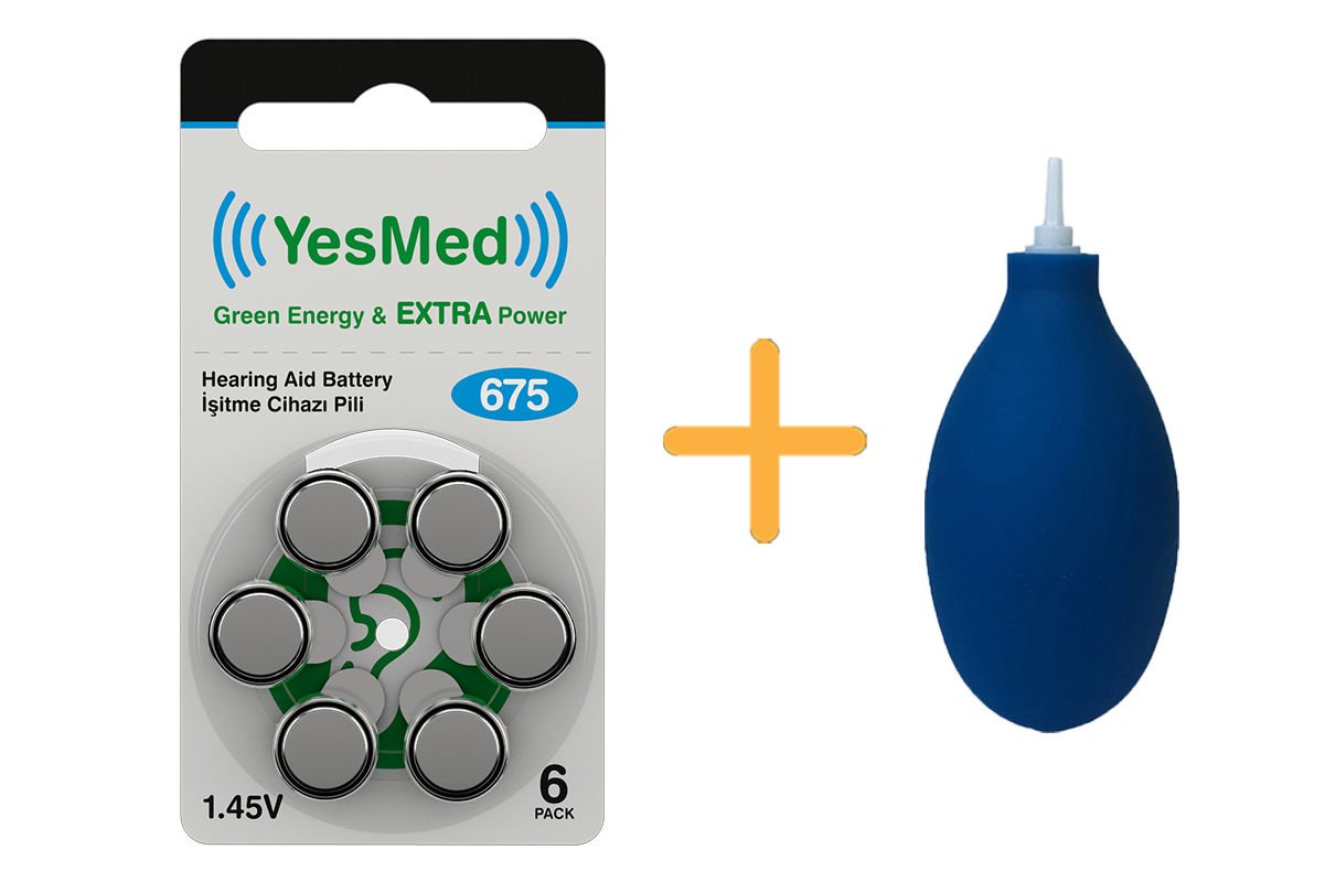 YesMed Extra Power 675 Numara İşitme Cihazı Pili (1 Paket  = 6 Adet Pil) + HEDİYE İşitme Cihazı El Pompası-Puar 1 Adet