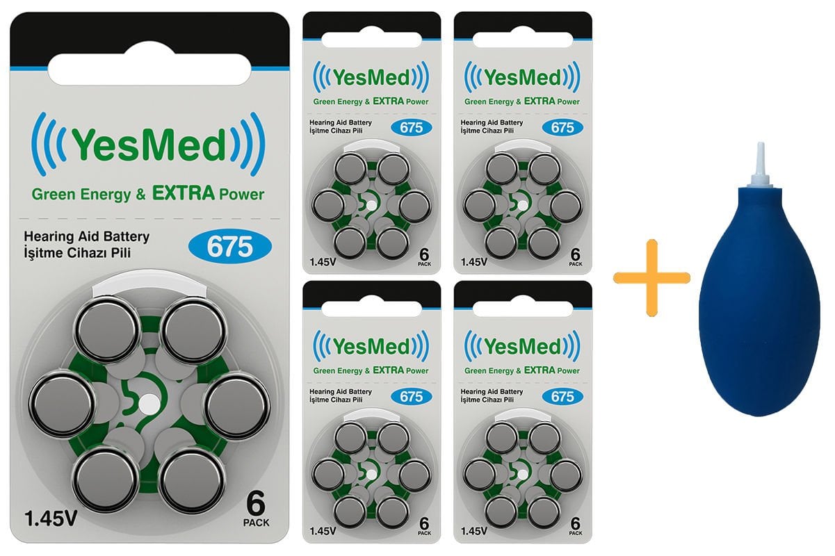 YesMed Extra Power 675 Numara İşitme Cihazı Pili (5 Paket x 6 Adet = 30 Adet Pil) + HEDİYE İşitme Cihazı El Pompası-Puar 1 Adet