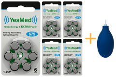 YesMed Extra Power 675 Numara İşitme Cihazı Pili (5 Paket x 6 Adet = 30 Adet Pil) + HEDİYE İşitme Cihazı El Pompası-Puar 1 Adet
