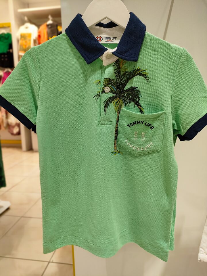 Palmiye Baskılı Polo Yaka T-shirt Yeşil