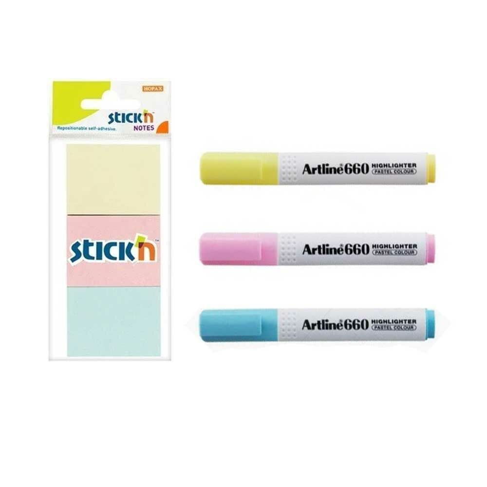 Gıpta Stickn Pastel 38*50 mm Yapışkanlı Not Kağıdı ve Fosforlu Kalem Seti