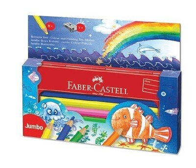 Faber Castell Jumbo  Metal Kutu 8 Renk Boya Kalemi  +  Kalemtraş Hediyeli