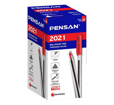 Pensan 2021 Üçgen Gövde Kırmızı 1.0 mm Tükenmez Kalem (50'li Paket)