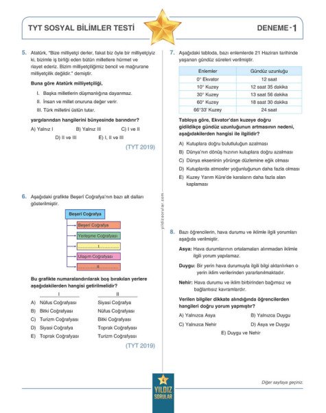 Yıldız Sorular TYT Sosyal Bilimler 8 Deneme