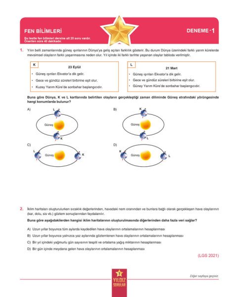 Yıldız Sorular 8. Sınıf LGS Fen Bilimleri 8 Deneme