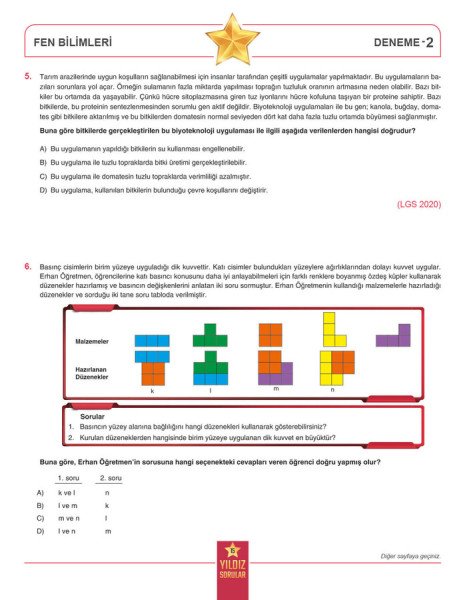 Yıldız Sorular 8. Sınıf LGS Fen Bilimleri 8 Deneme