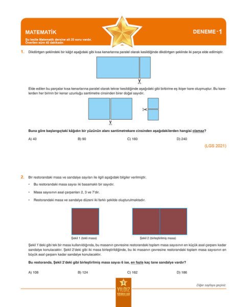 Yıldız Sorular 8. Sınıf LGS Matematik 8 Deneme