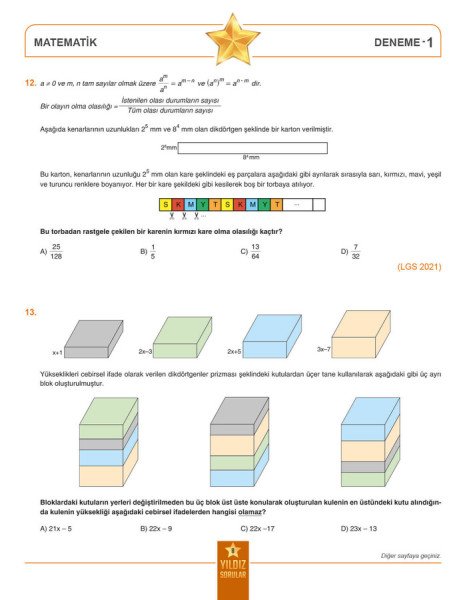 Yıldız Sorular 8. Sınıf LGS Matematik 8 Deneme