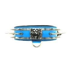 Mavi Gladyatör Metal Plakalı Çivili Lüks Deri Köpek Tasması