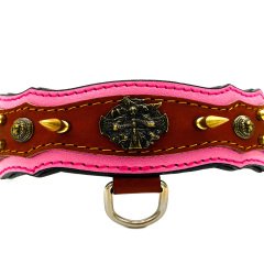 Pembe Viking Model Çivili Deri Köpek Tasması