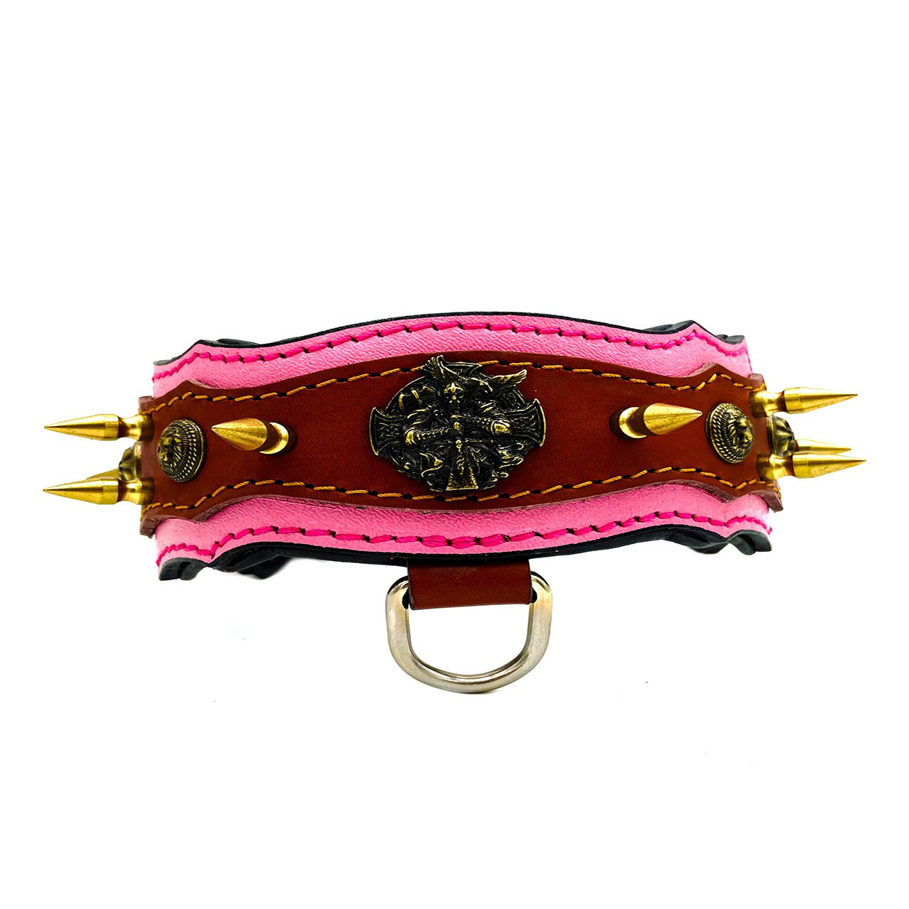Pembe Viking Model Çivili Deri Köpek Tasması