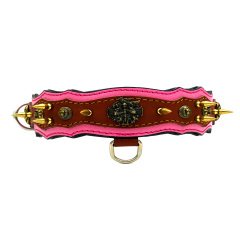 Pembe Viking Model Çivili Deri Köpek Tasması